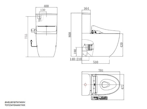 B&H Elongated BTW Toilet with Toto Side Control C2 Washlet TCF23410AAA