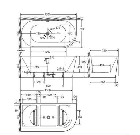 Fienza Isabella 1500 Right-Hand Acrylic Corner Bath