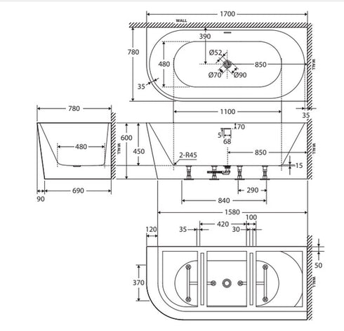 Fienza Isabella 1700 Left-Hand Acrylic Corner Bath