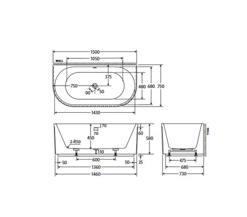 Fienza Eleanor 1500 Fluted Back To Wall Bath