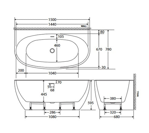 Fienza Keeto Back To Wall Bath | 1500mm & 1700mm | Gloss White Acrylic