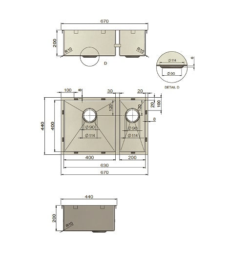 Lavello Kitchen Sink - One and Half Bowl 670 x 440