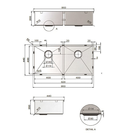 Lavello Kitchen Sink - Double Bowl 860 x 440