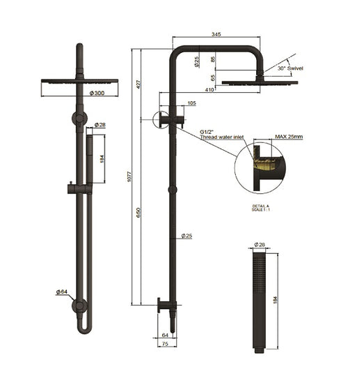 Meir Round Combination Shower Rail, 300mm Rose, Single Function Hand Shower