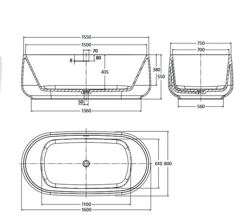 Fienza Nuvola Solid Surface Bath 1600mm Matte White