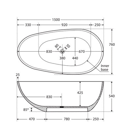 Fienza Bahama Solid Surface Matte White Stone Bath 1500mm