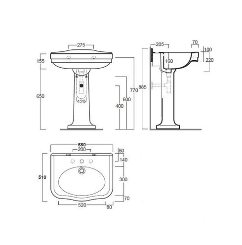Turner Hastings Claremont 68 Pedestal Wall Basin