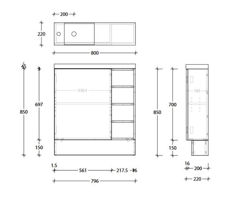 ADP Petite Shelf 800 Top Floor Standing Vanity