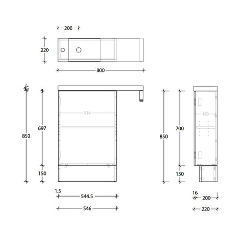 ADP Petite Rail 800 Top Floor Standing Vanity