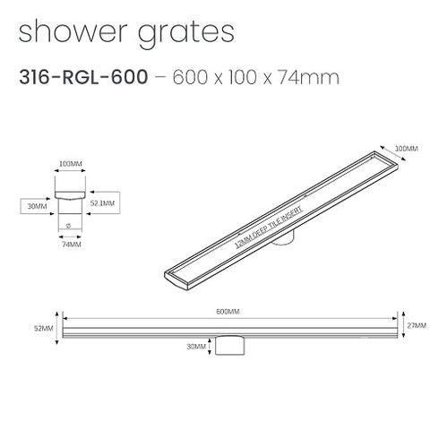 Radiant Linear Tile Insert Floor Grate Brushed Nickel 600mm x 100mm 74mm Outlet