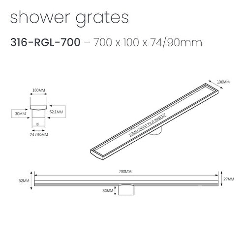 Radiant Linear Tile Insert Floor Grate Gun Metal Grey 700mm x 100mm 74mm Outlet