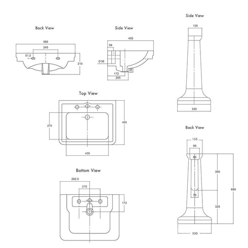 Turner Hastings Stafford 58 Pedestal Wall Basin