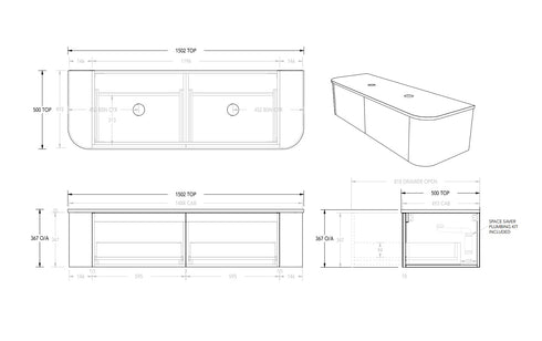 ADP Waverley Curved Wall Hung Vanity Cabinet 1500mm