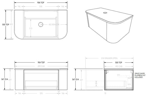ADP Waverley Curved Wall Hung 900mm Vanity Cabinet