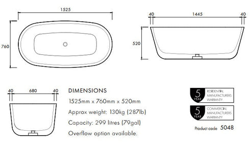 Apaiser Chi 1525mm Freestanding Bath