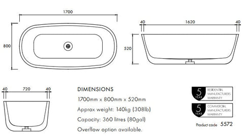 Apaiser Chi 1700mm Freestanding Bath