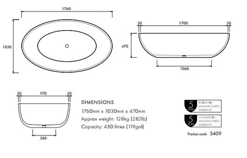 Apaiser Haven 1760mm Freestanding Bath