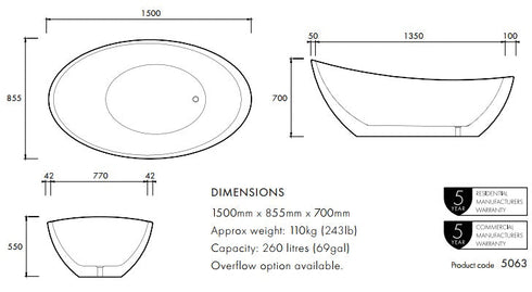 Apaiser Oman 1500mm Freestanding Bath