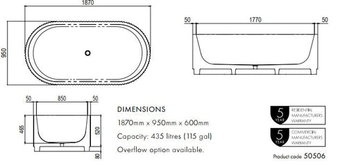 Apaiser Tulle 1870mm Freestanding Bath