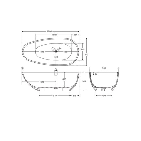 Fienza Bahama Solid Surface Stone Bath Matte Black 1700mm