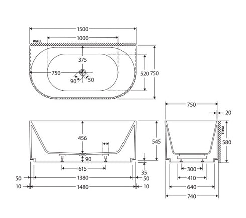 Fienza Eleanor 1500 Fluted Back To Wall Bath