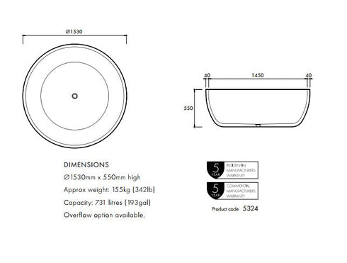 Apaiser Lunar 1530mm Freestanding Bath