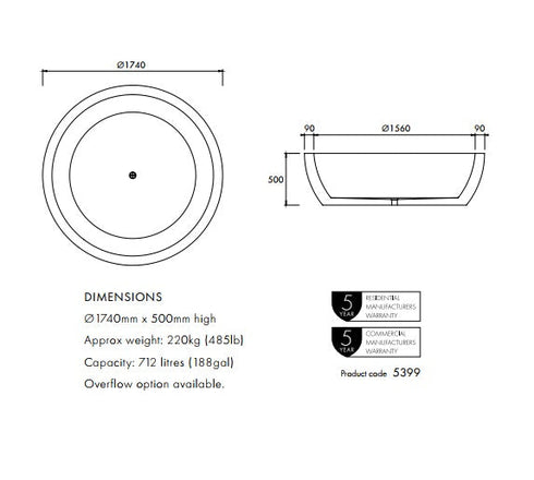 Apaiser Lunar 1740mm Freestanding Bath