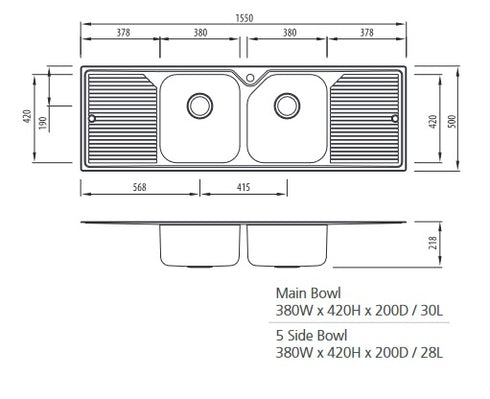 Oliveri Nu-Petite Double Bowl Inset Sink With Double Drainer