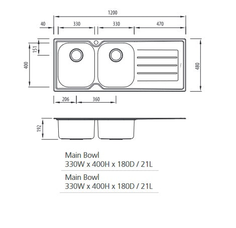 Oliveri Flinders Double Bowl Inset Sink With Drainer