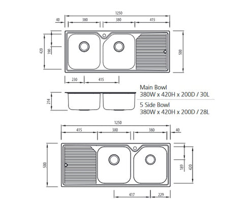 Oliveri Nu-Petite Double Bowl Inset Sink With Drainer