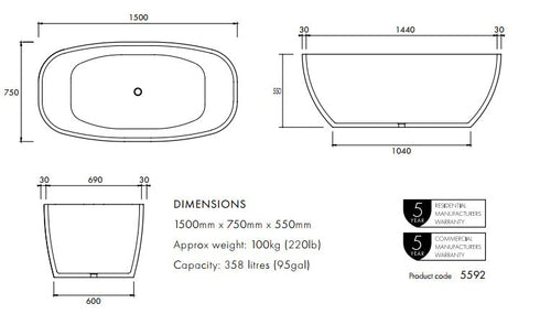 Apaiser Sublime 1500mm Freestanding Bath