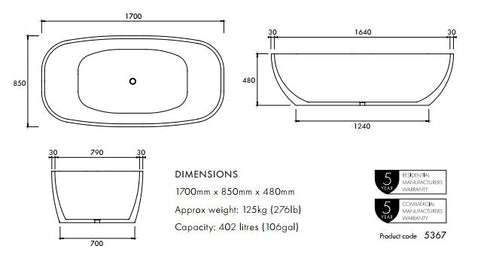 Apaiser Sublime 1700mm Freestanding Bath