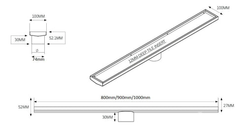 Matte Black Linear Tile Insert Shower Grate 800mm