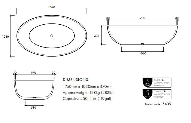 Apaiser Haven 1760mm Freestanding Bath