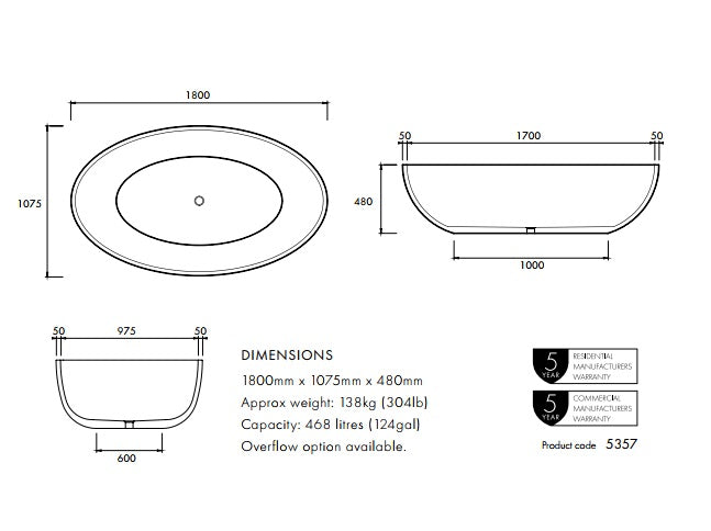 Apaiser Haven 1800mm Freestanding Bath